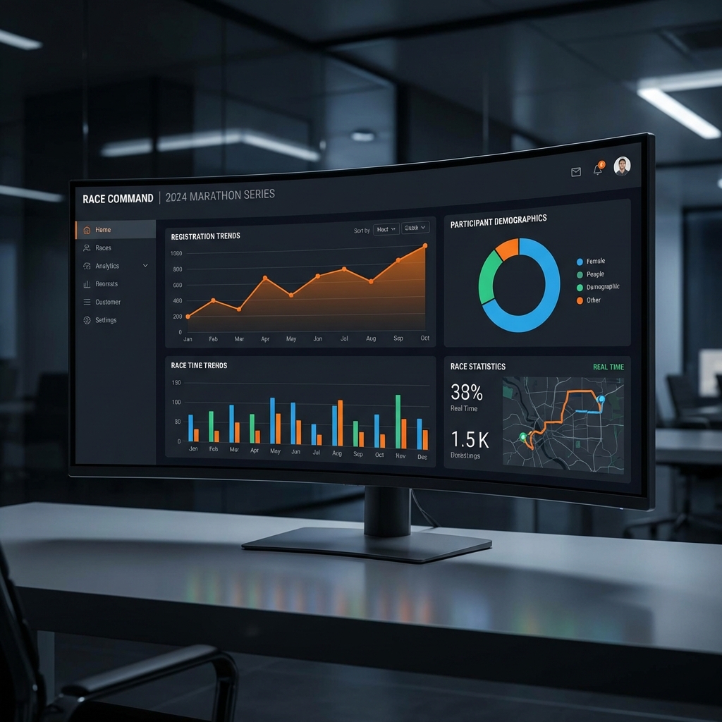 Race analytics dashboard showing registration trends and participant demographics